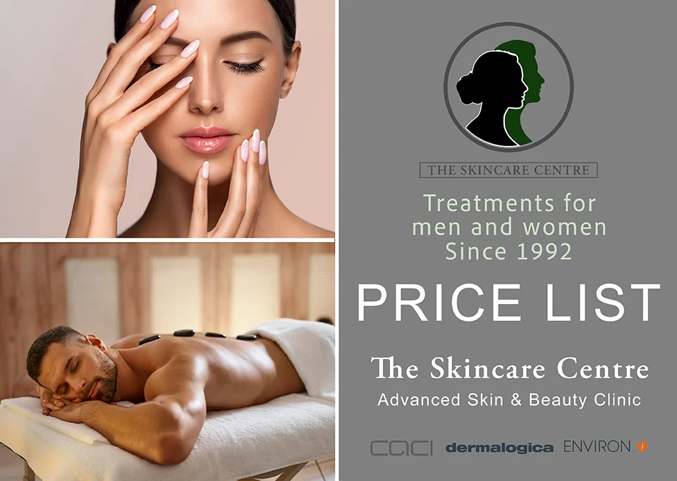 Images of The Skincare Centre treatments with Dermalogica logo, Caci, and Environ with link to price list.